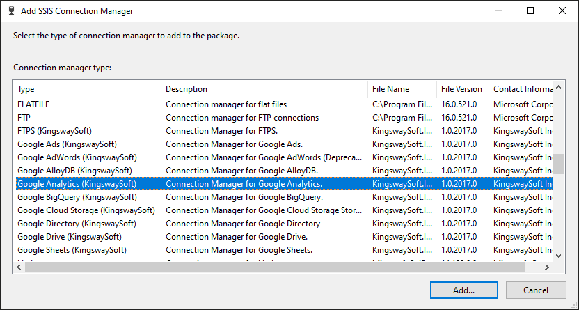 Add SSIS Google Analytics Connection